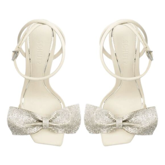 Schutz Mila Metal Bow Stiletto Heels Ivory Nappa Leather Sandal 9.5 - Picture 3 of 9
